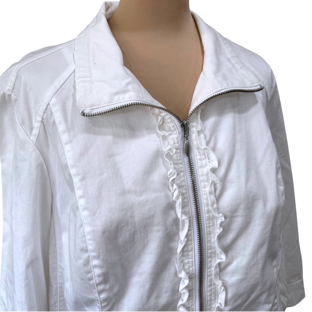 CJ Banks White Ruffle Zip Jacket X 14W Plus Cottagecore Stretch Twill Summer